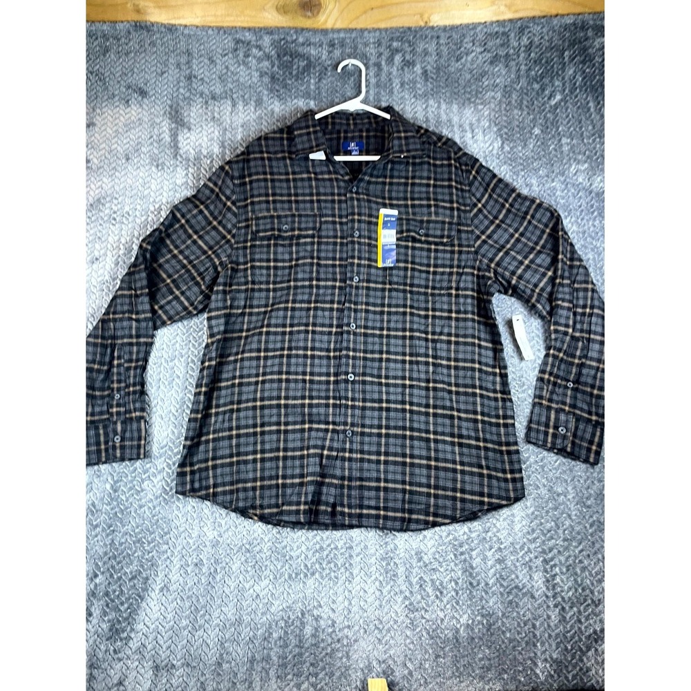 George Flannel Shirt Mens Large Black Soot Check Cotton Long Sleeve Flap Pockets